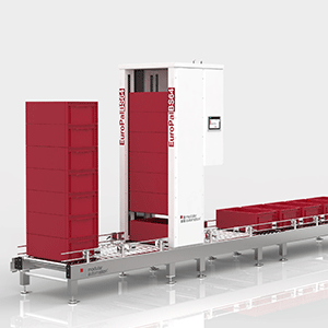 Behälterstapler: Behälterstapelsystem stapelt Behälter automatisiert auf und ab | modular automation