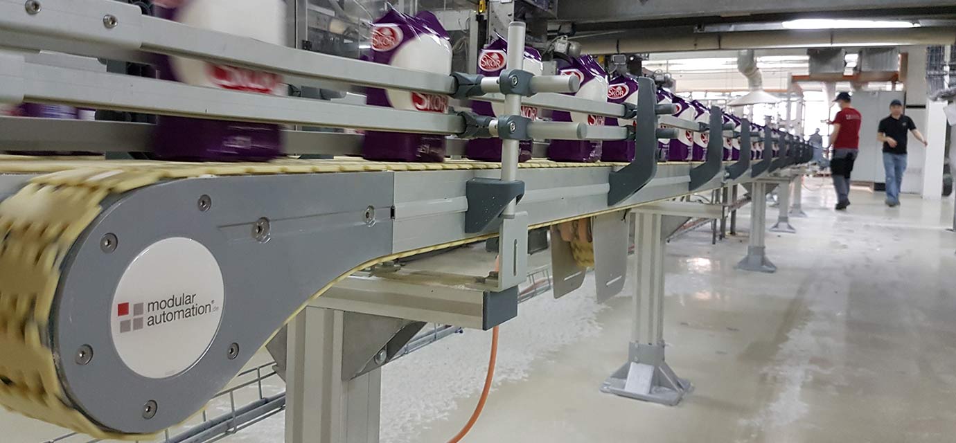 Food product transport on link chain conveyor system